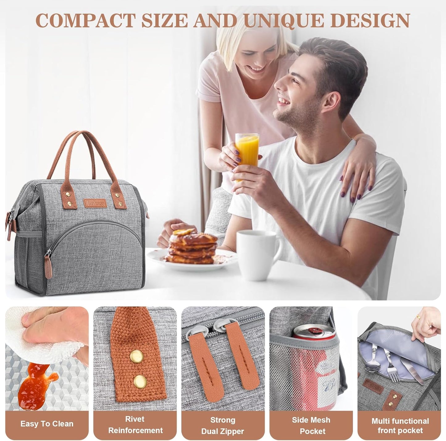 Insulated Lunch Bag for Women & Men - Reusable 10 L Lunch Box for Women - Leakproof Tote Cooler Bag for Adults Work, Beach, Travel, Picnic (Grey)