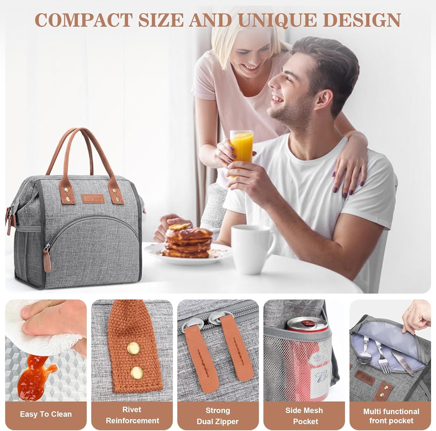 Insulated Lunch Bag for Women & Men - Reusable 10 L Lunch Box for Women - Leakproof Tote Cooler Bag for Adults Work, Beach, Travel, Picnic (Grey)
