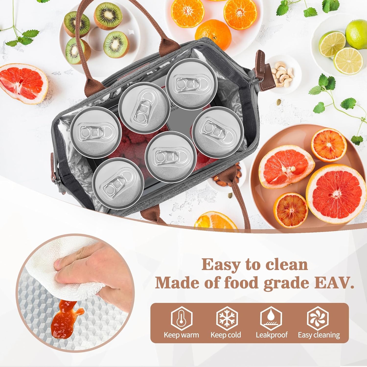 Insulated Lunch Bag for Women & Men - Reusable 10 L Lunch Box for Women - Leakproof Tote Cooler Bag for Adults Work, Beach, Travel, Picnic (Grey)