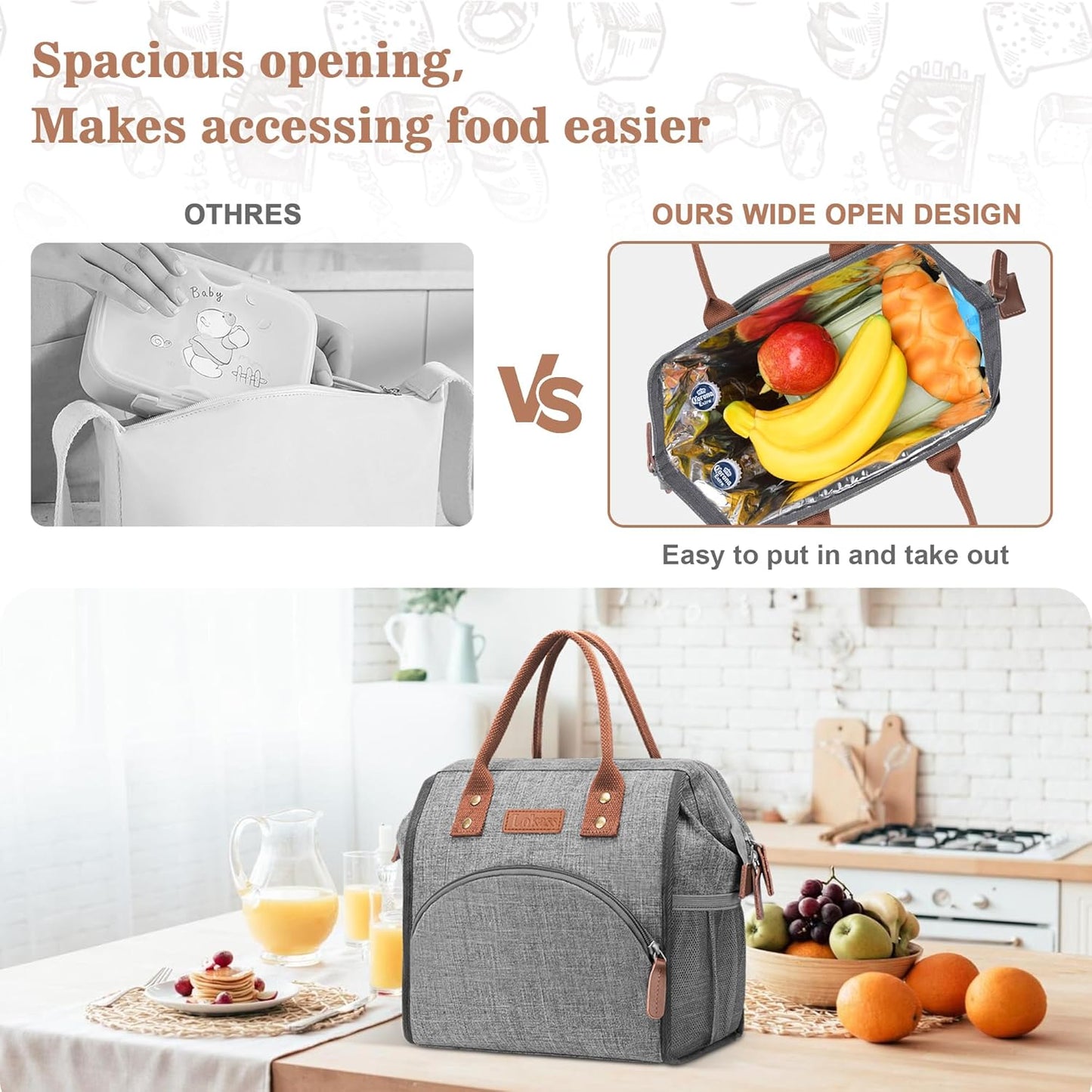 Insulated Lunch Bag for Women & Men - Reusable 10 L Lunch Box for Women - Leakproof Tote Cooler Bag for Adults Work, Beach, Travel, Picnic (Grey)