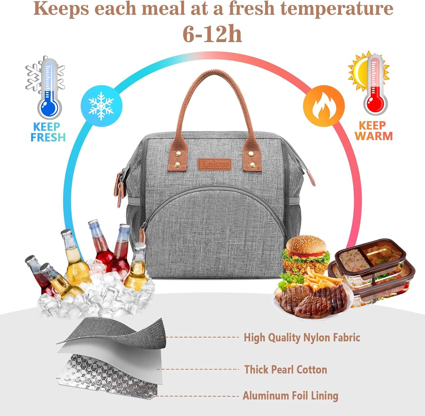 Insulated Lunch Bag for Women & Men - Reusable 10 L Lunch Box for Women - Leakproof Tote Cooler Bag for Adults Work, Beach, Travel, Picnic (Grey)