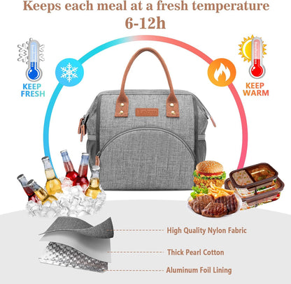 Insulated Lunch Bag for Women & Men - Reusable 10 L Lunch Box for Women - Leakproof Tote Cooler Bag for Adults Work, Beach, Travel, Picnic (Grey)
