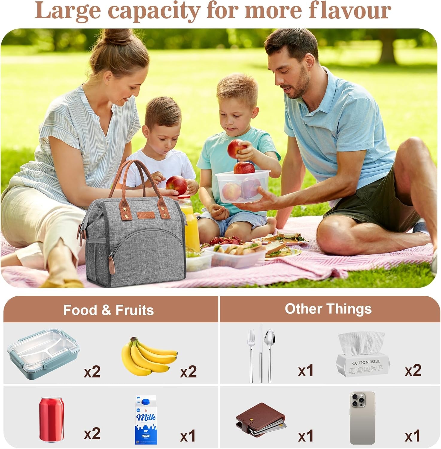 Insulated Lunch Bag for Women & Men - Reusable 10 L Lunch Box for Women - Leakproof Tote Cooler Bag for Adults Work, Beach, Travel, Picnic (Grey)