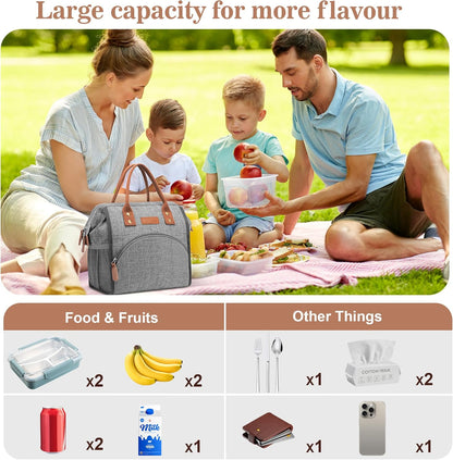 Insulated Lunch Bag for Women & Men - Reusable 10 L Lunch Box for Women - Leakproof Tote Cooler Bag for Adults Work, Beach, Travel, Picnic (Grey)