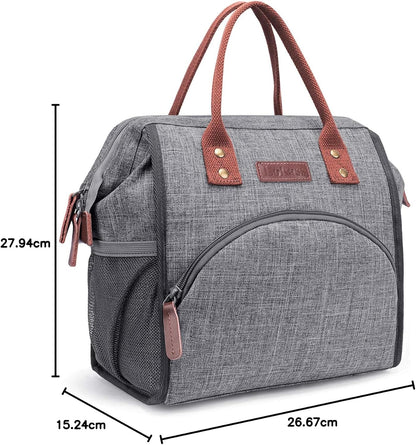 Insulated Lunch Bag for Women & Men - Reusable 10 L Lunch Box for Women - Leakproof Tote Cooler Bag for Adults Work, Beach, Travel, Picnic (Grey)